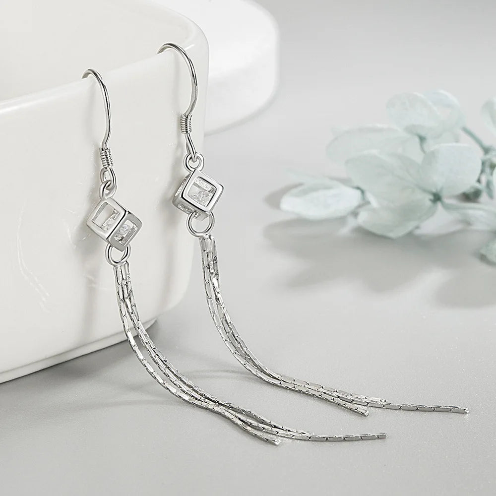 Pure 925 Silver Long Chain Hollow Square Box Crystal Zircon Earrings