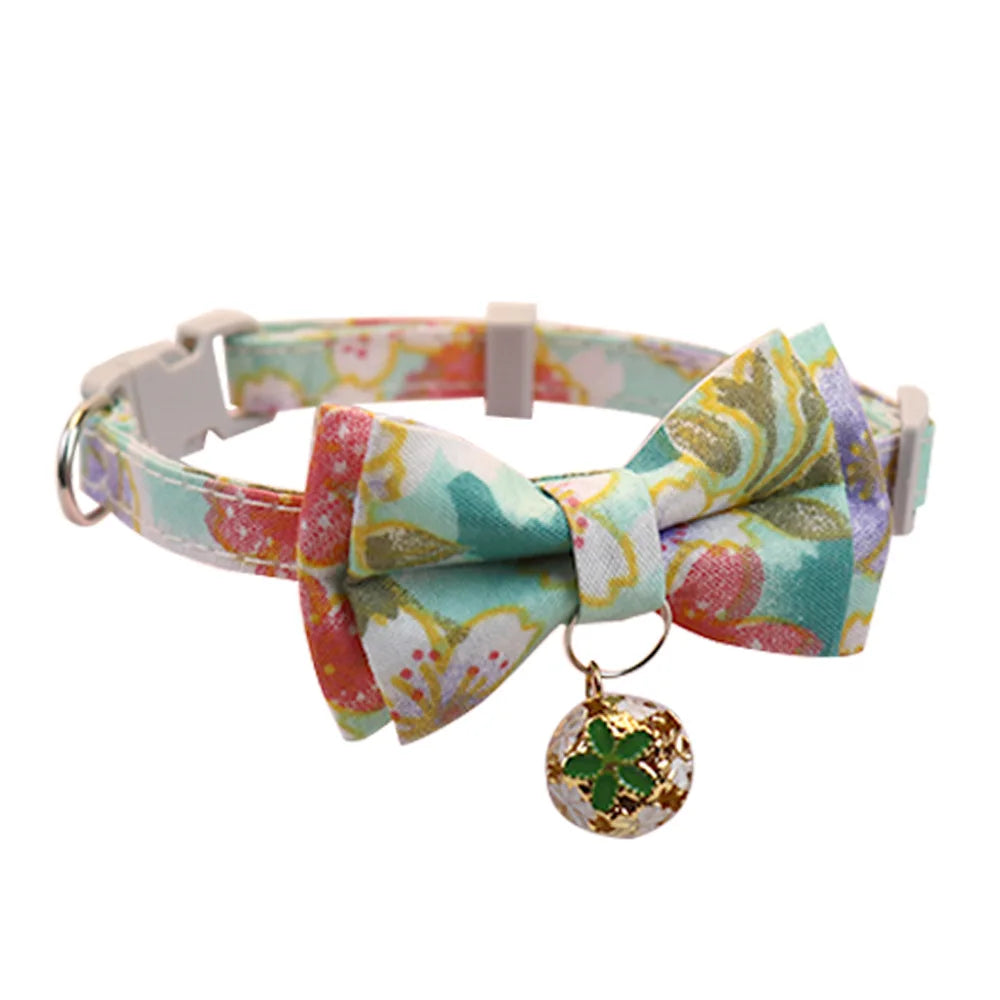 Beautiful pet collar cat dog bow plaid bell collar floral colored