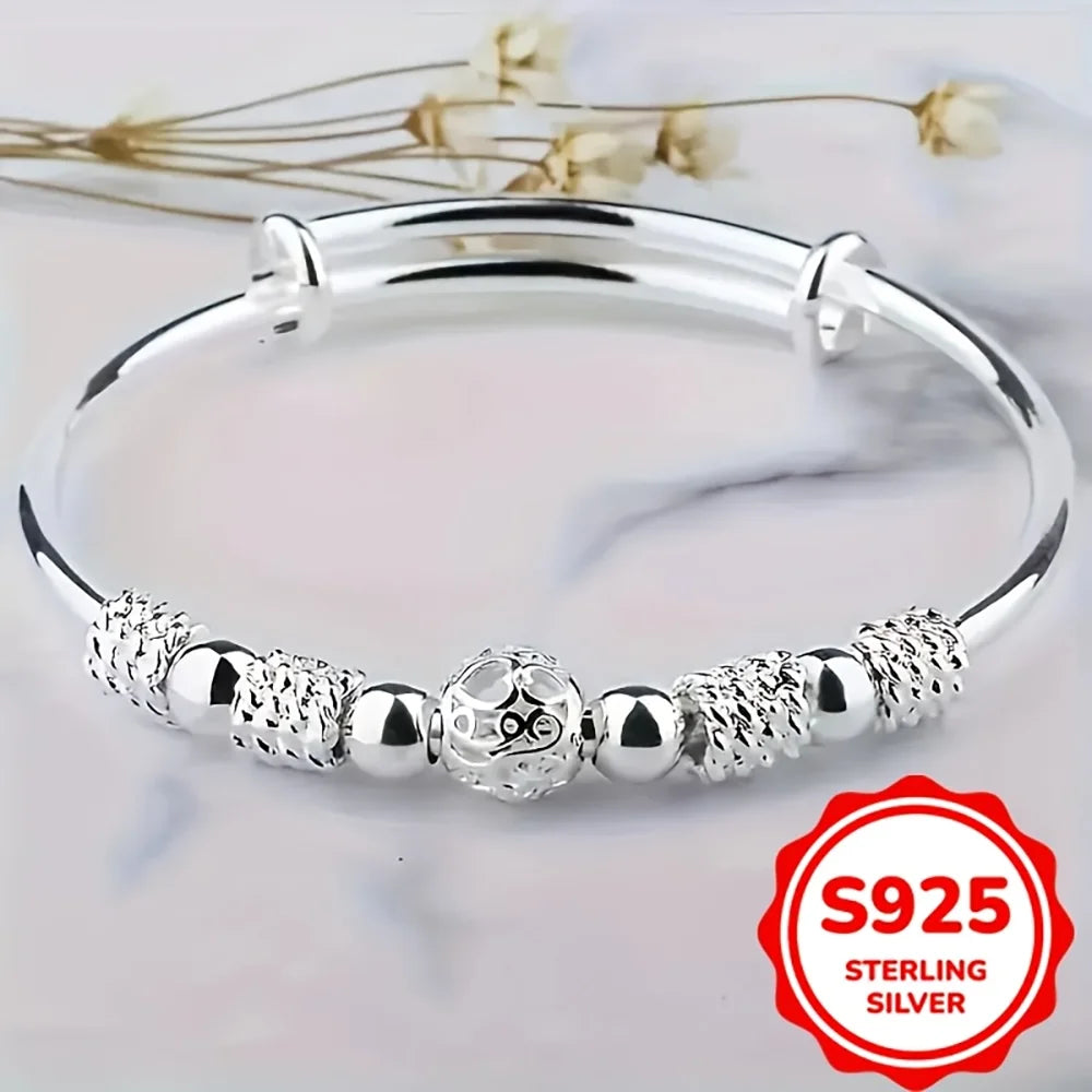 925 Sterling Silver Exquisite Beaded Bangle for Women, Stylish and Elegant Adjustable Bangle
