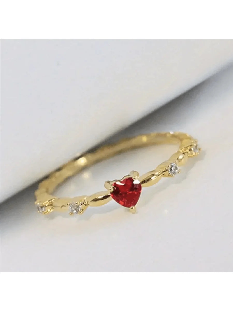 Minimalist Heart Shape Ring With Red Stone And Crystal Accents For Daily Wear