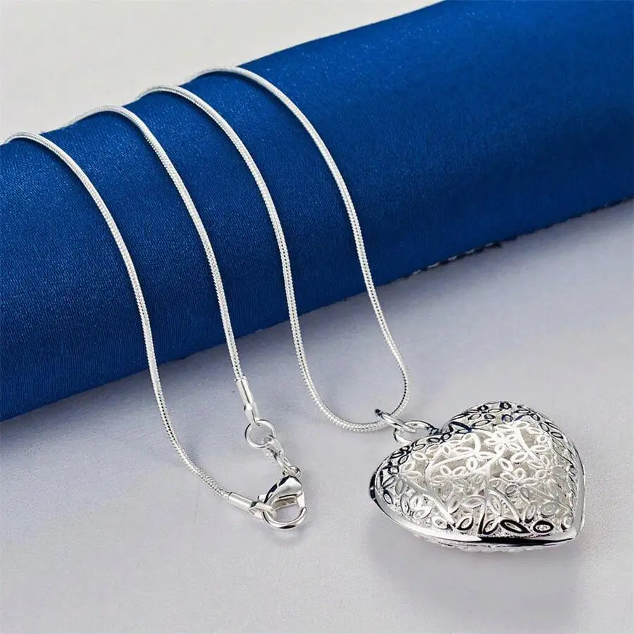 Elegant 925 Silver Plated Hollow Heart Pendant Necklace