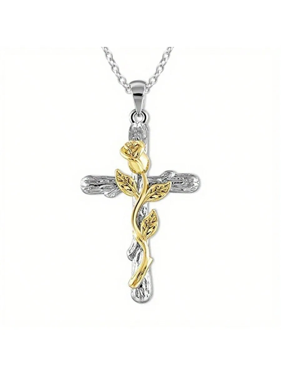 Rose Cross Flower Leaf Pendant Necklace Classic Jewelry For Women
