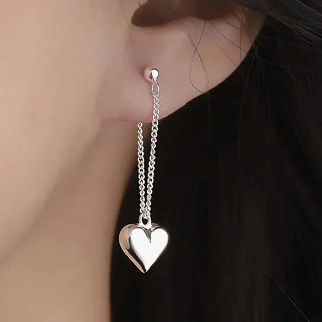 Silver Needle Earrings for Women Smooth Heart Chain Tassel Earrings