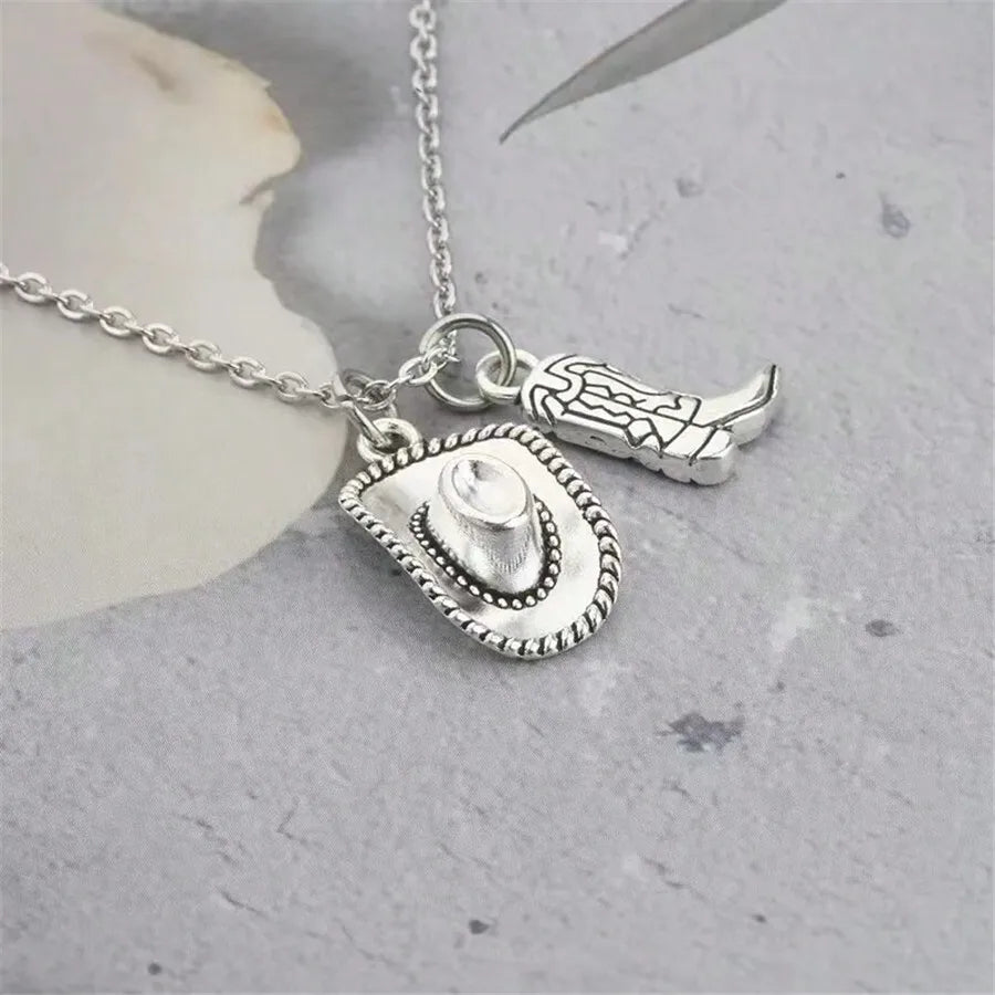 Fashion Antique Silver Color Cowboy Hat Cowgirl Boots Pendant Necklace For Women