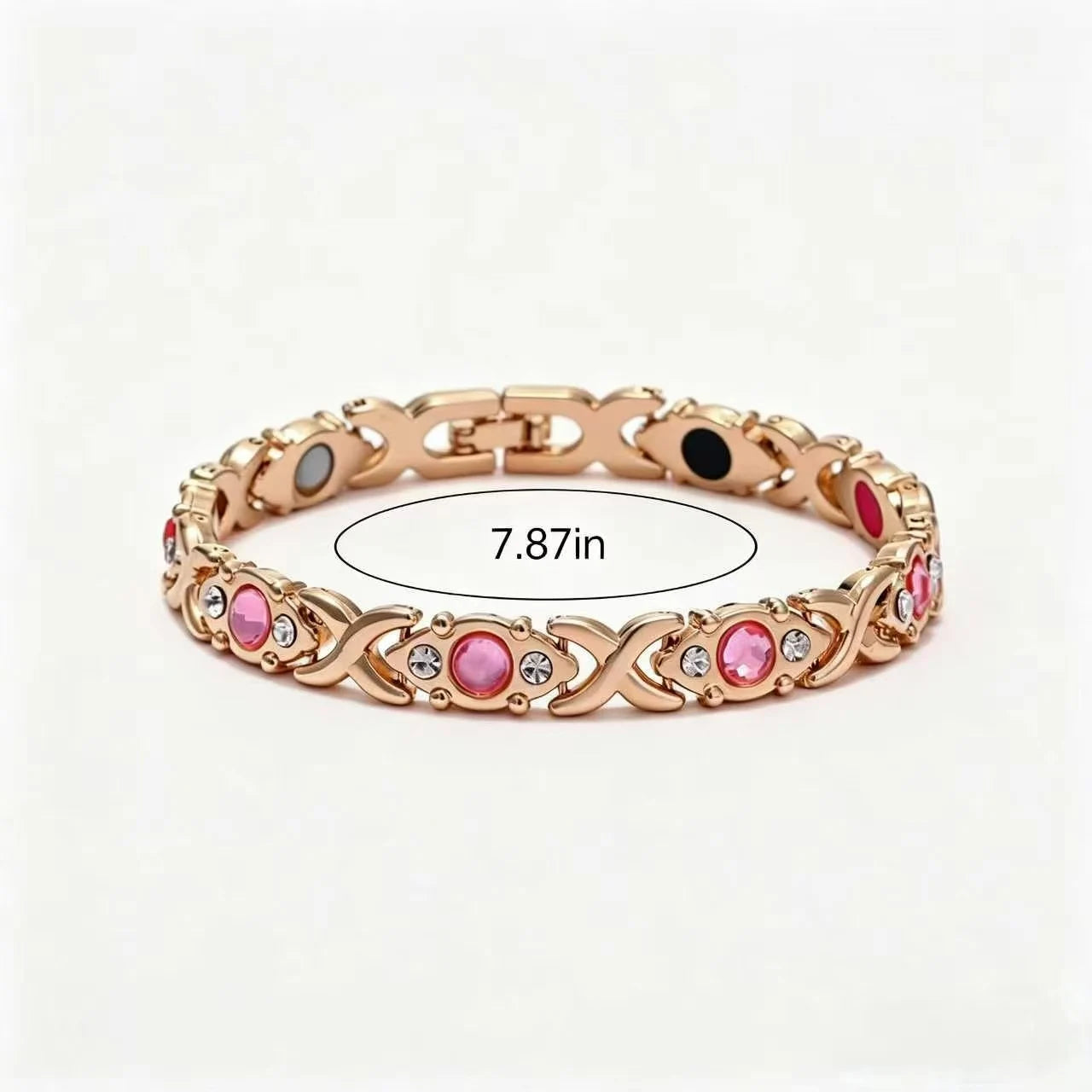 Rose Gold Magnetic Bracelet for Women, Pink Black Gemstone Crystal XO Link Health Bracelet