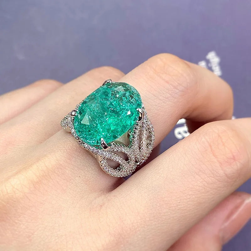 925 Silver Plated Exquisite Blue Green Moissanite Ring Fire Sparkling Luxury Open Ring
