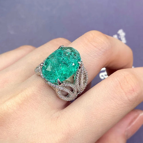 925 Silver Plated Exquisite Blue Green Moissanite Ring Fire Sparkling Luxury Open Ring