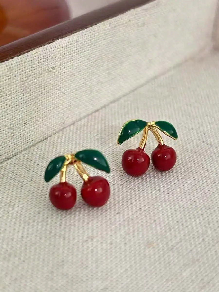 Cherry Design Stud Earrings For Women Red And Green Gemstone Fashion Jewelry