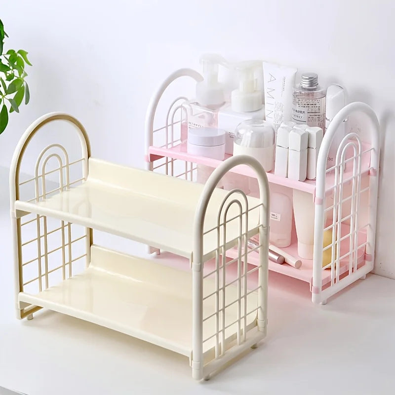 1pc Double Layer Multi-Functional Plastic Desktop Organizer Shelf for Cosmetics, Bedroom, and Dormitory Accessories