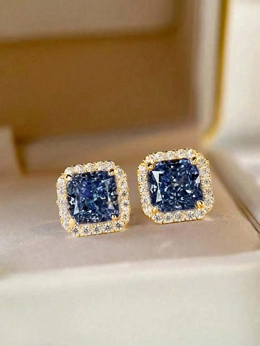 Square Cut Pink Cubic Zirconia Halo Stud Earrings For Women
