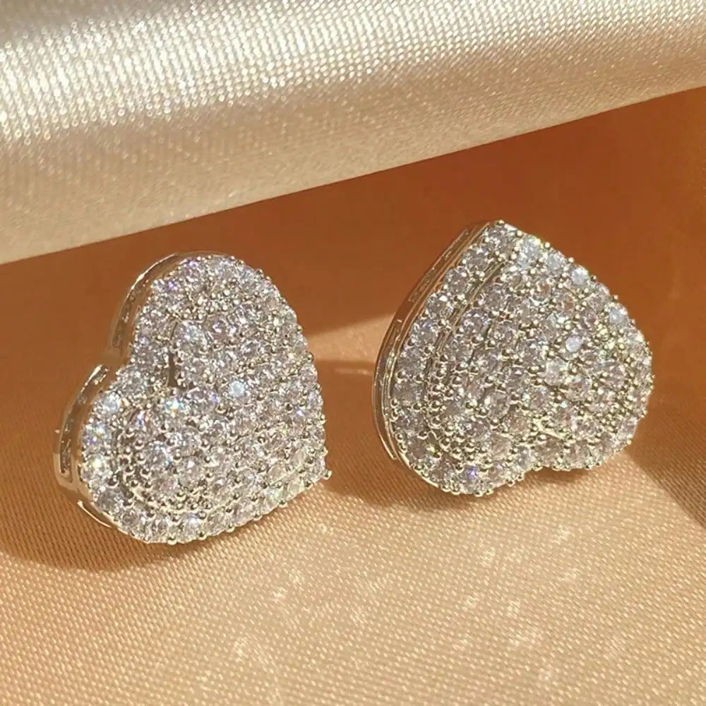 Full Paved Zircon Puffy Heart Stud Earrings Two Tone Gold Silver Plated