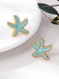 Beautiful Pink Enamel Starfish Stud Earrings With Gold-Tone Alloy Frame For Women