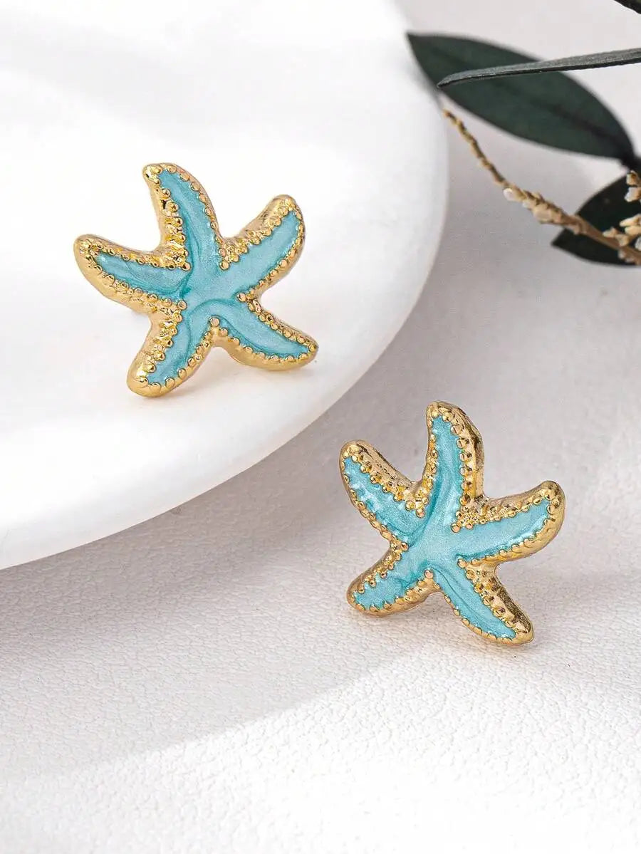 Beautiful Pink Enamel Starfish Stud Earrings With Gold-Tone Alloy Frame For Women