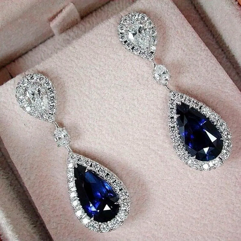 Fashion Jewelry Ladies Blue White Water Drop Shaped Crystal Rhinestone Zircon Metal Dangle Earring for Women