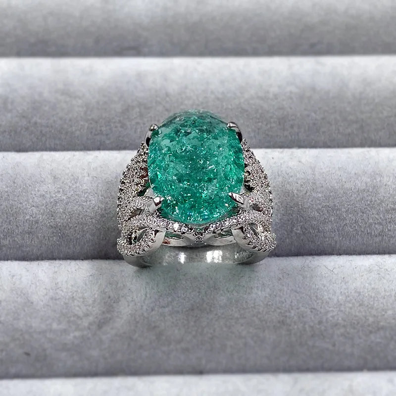 925 Silver Plated Exquisite Blue Green Moissanite Ring Fire Sparkling Luxury Open Ring