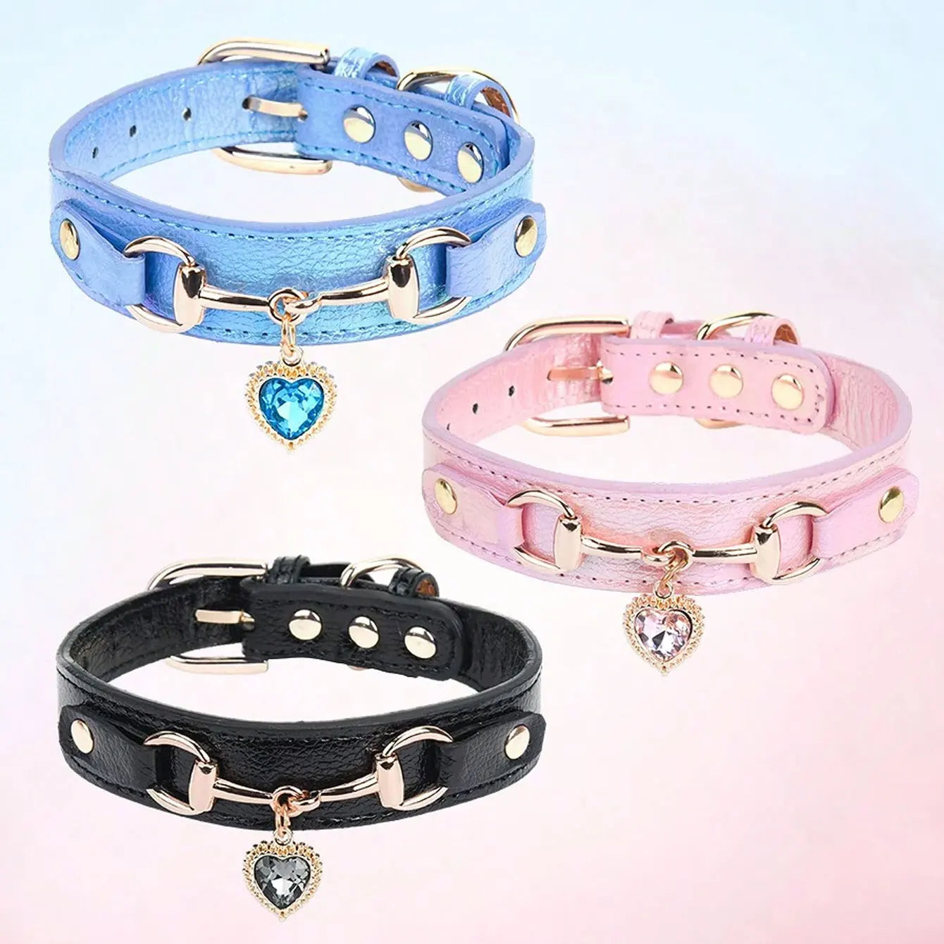 PU Leather Delicate Pet Dog Collar, High-Quality Leather Fabric and Alloy Fittings. Beautiful Gemstone Decoration