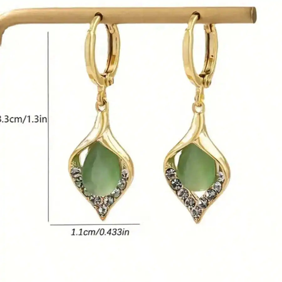 Elegant Teardrop Green Gemstone Earrings With Crystal Accents For Women