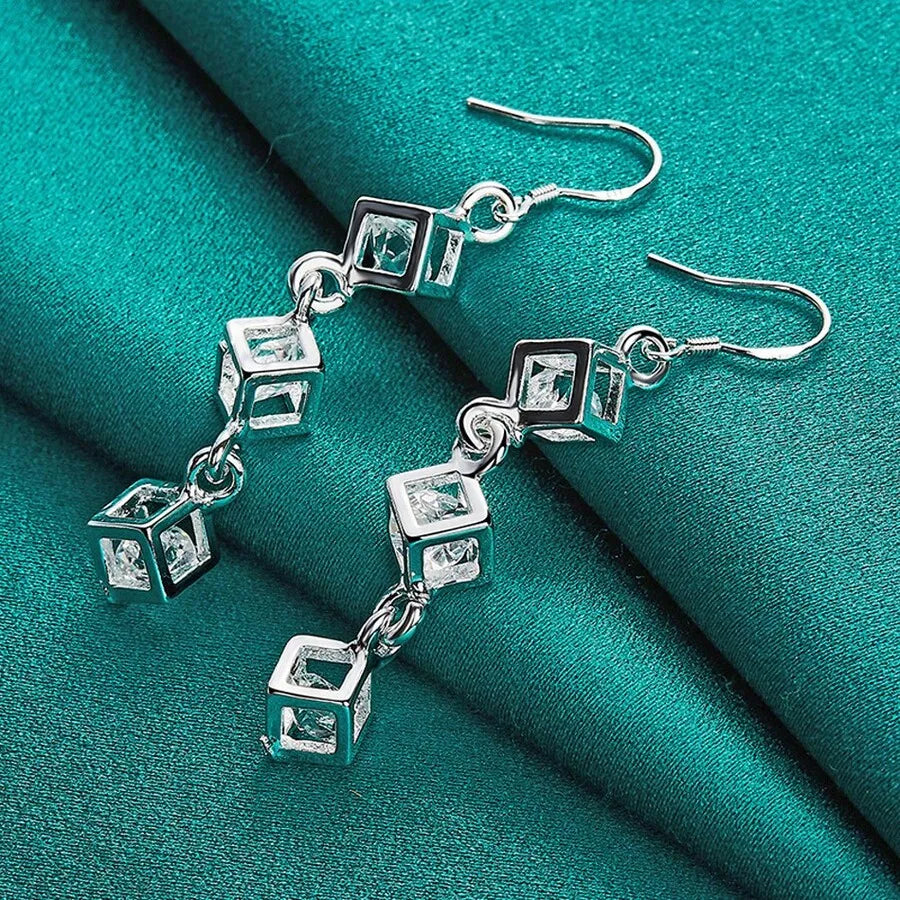 925 Sterling Silver Plated Earrings Fashion Jewelry Elegant Woman Crystal Lattice Drop Long Earrings