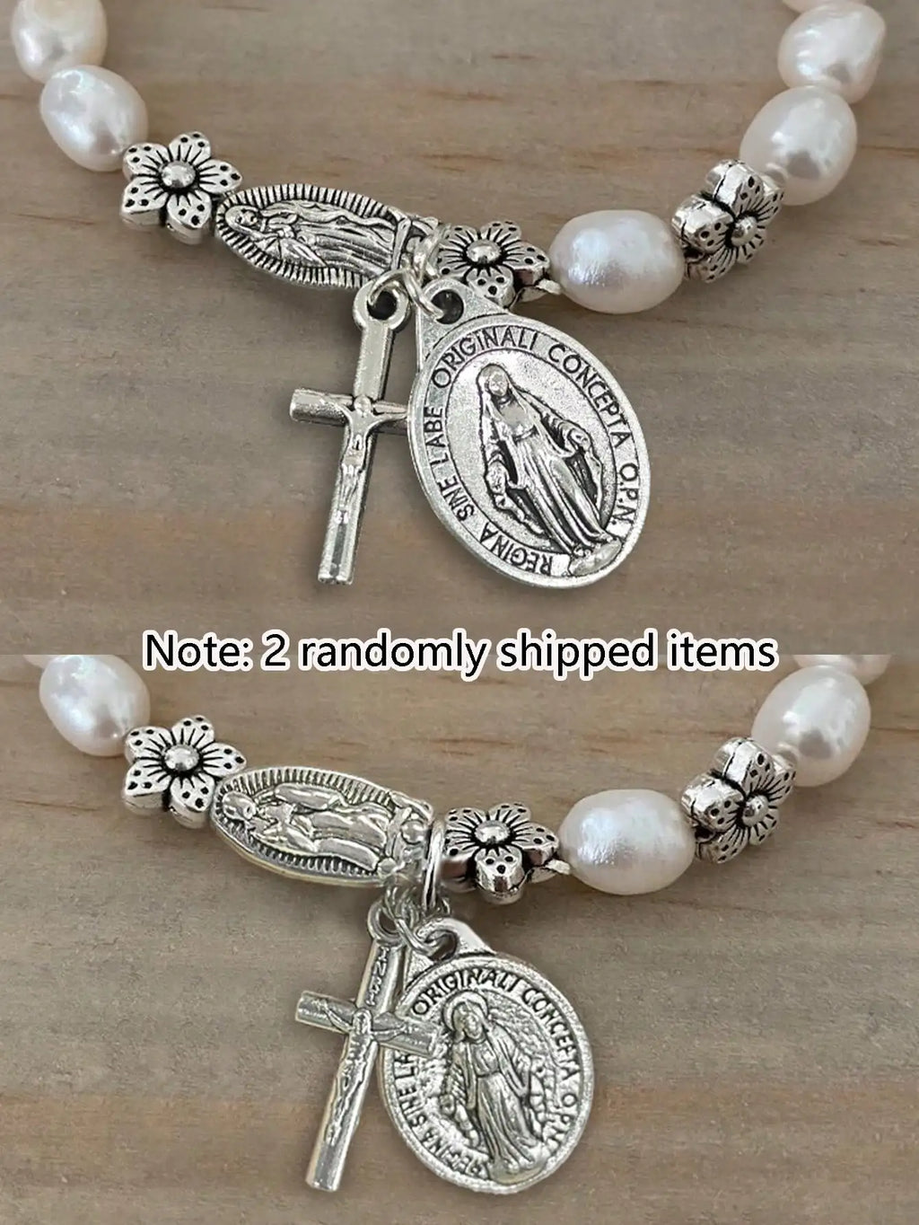Beautiful Faux Pearl Beaded Flower & Cross Virgin Mary Pendant Bracelet, Vintage Style