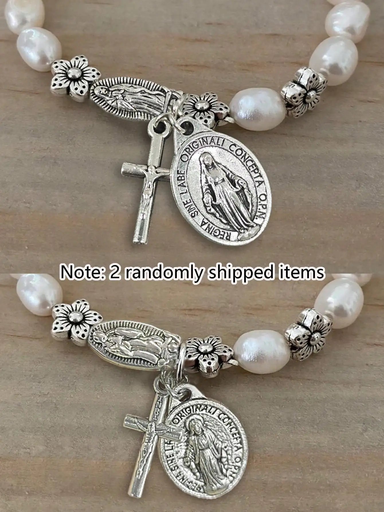 Beautiful Faux Pearl Beaded Flower & Cross Virgin Mary Pendant Bracelet, Vintage Style