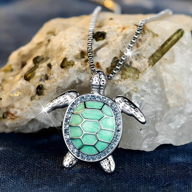Bohemian Style Inlaid Green Synthetic Zirconia Turtle Pendant Necklace for Women