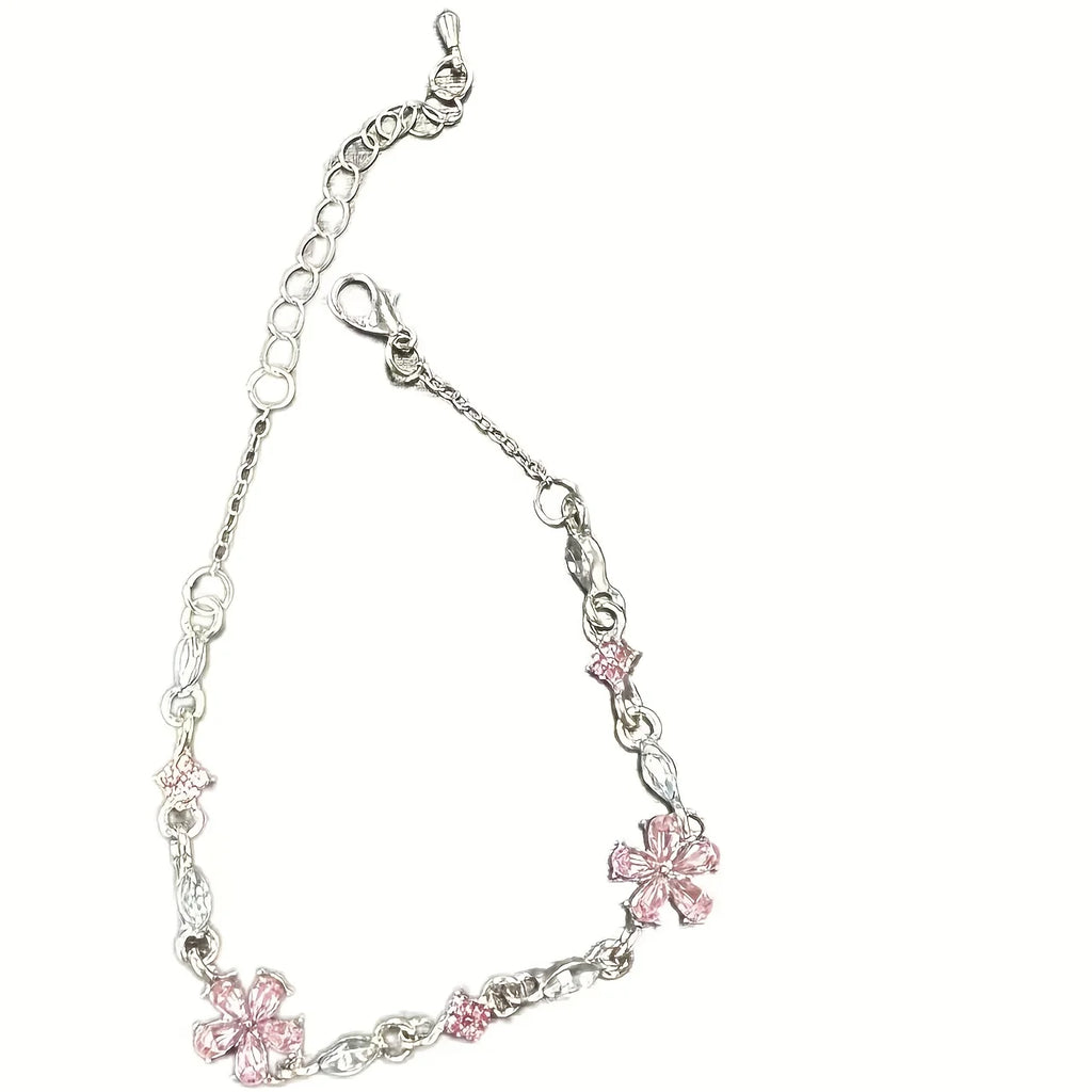 Ladies Pink Cherry Blossom Chain Bracelet, Stylish and Cute Exquisite Square Petal Cherry Blossom Bracelet Adjustable
