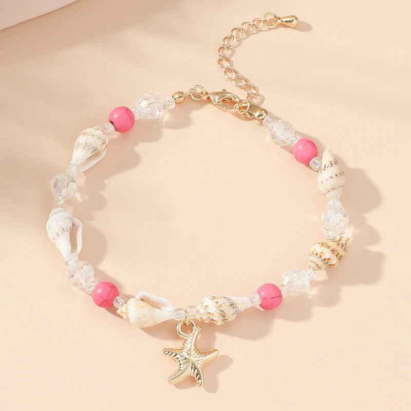 New Trend Starfish Conch Bracelet Anklets for Women Cute Adjustable Shell Rice Beads Ankle Bracelets