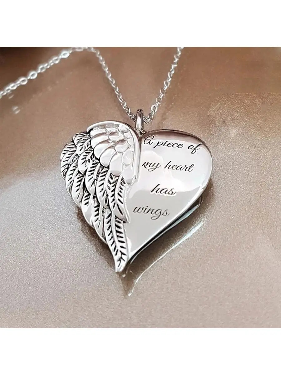 Angel Wing Heart Pendant Necklace With Engraved Slogan For Women