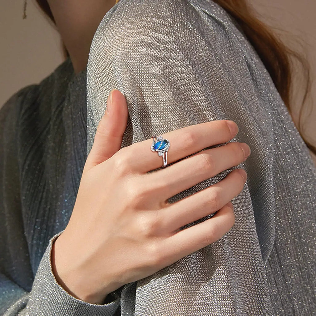 Elegant 925 Sterling Silver Rings for Women Mood Ring Color Change Cubic Zirconia Accents Ring Gold Plated Oval Solitaire Statement Silver Rings