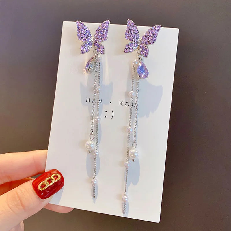 Purpule Rhinestone Butterfly Tassel Earrings for Women Imitation Pearl Beads Pendants