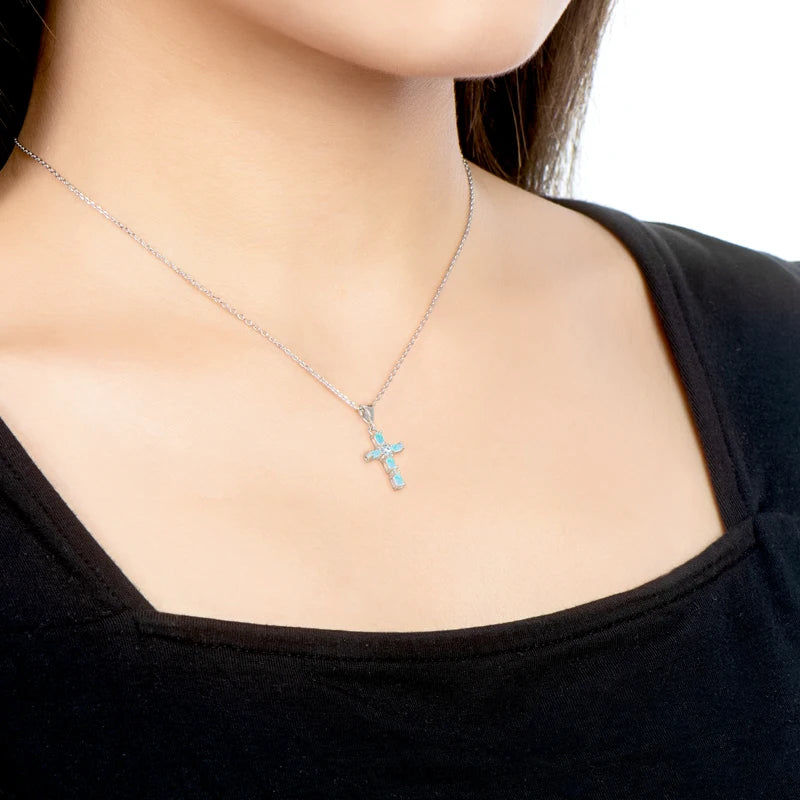 Blue Synthetic Opal Cross Pendant Necklace 925 Sterling Silver Vintage Silver Color