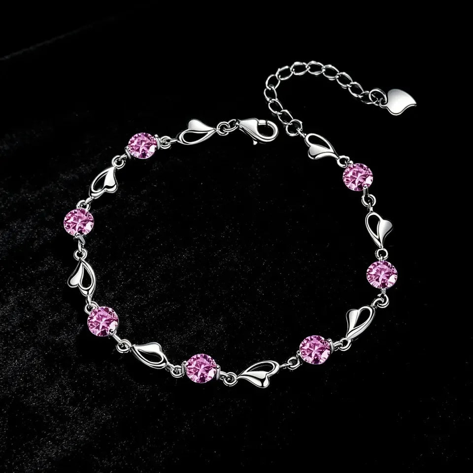 Beautiful 925 Sterling Silver Heart Shaped Bracelet For Women vintage style Pink Moissanite