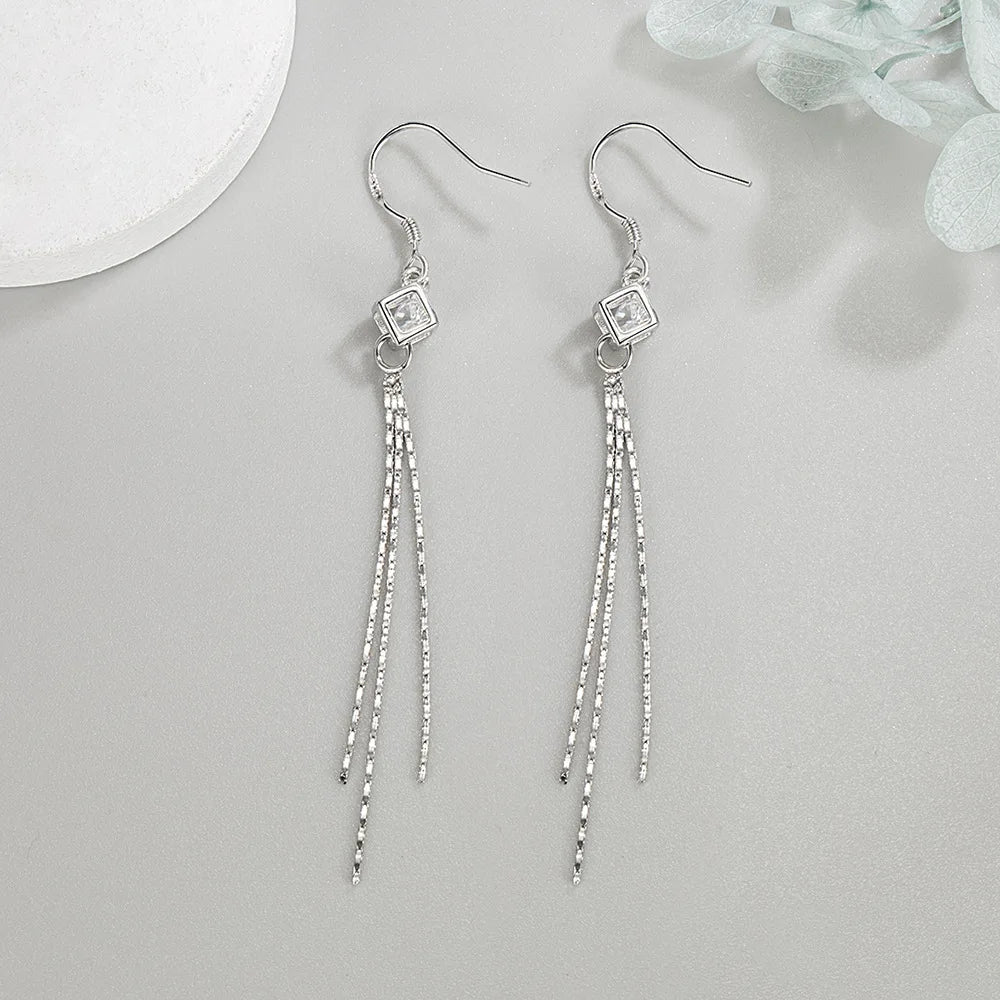 Pure 925 Silver Long Chain Hollow Square Box Crystal Zircon Earrings