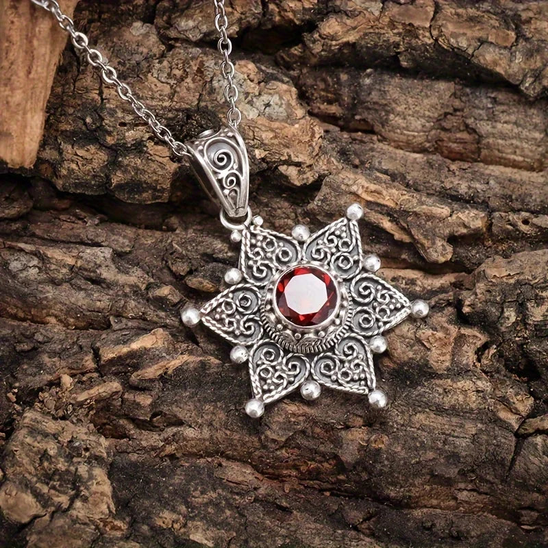 A Dazzling Necklace for Women with A Red Zirconia in The Shape of An Arabic Sunflower