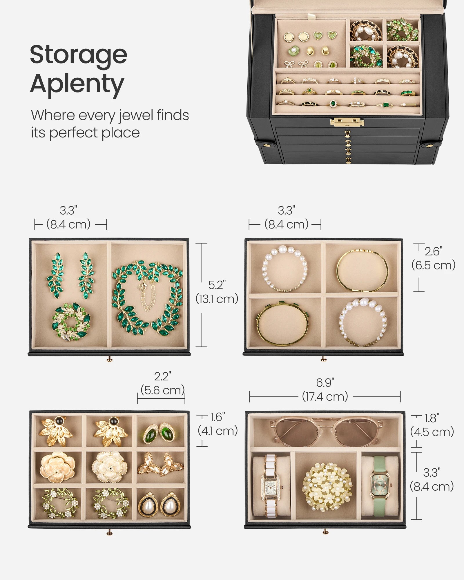 Beautiful 5-Layer Jewelry Box Organizer with 4 Drawers, Jewelry Storage Case with Lock and Mirror