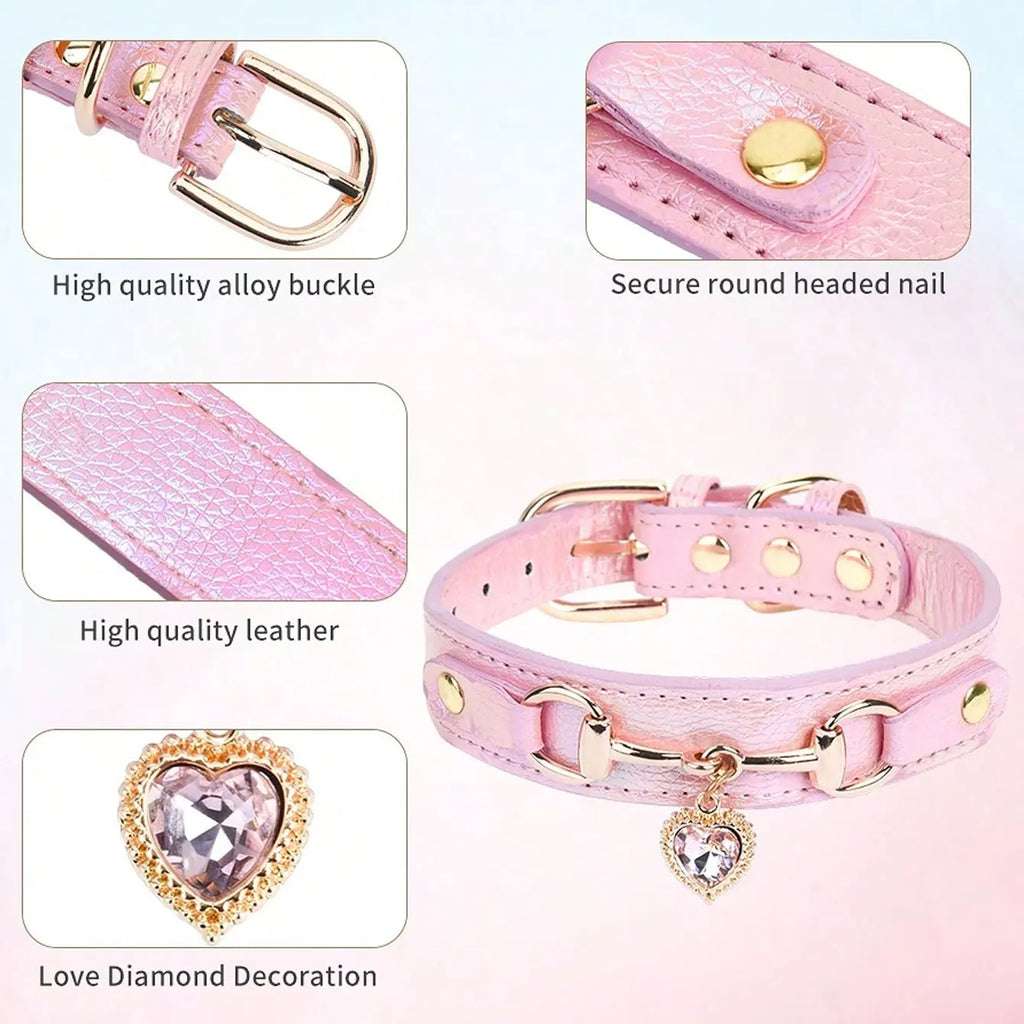 PU Leather Delicate Pet Dog Collar, High-Quality Leather Fabric and Alloy Fittings. Beautiful Gemstone Decoration