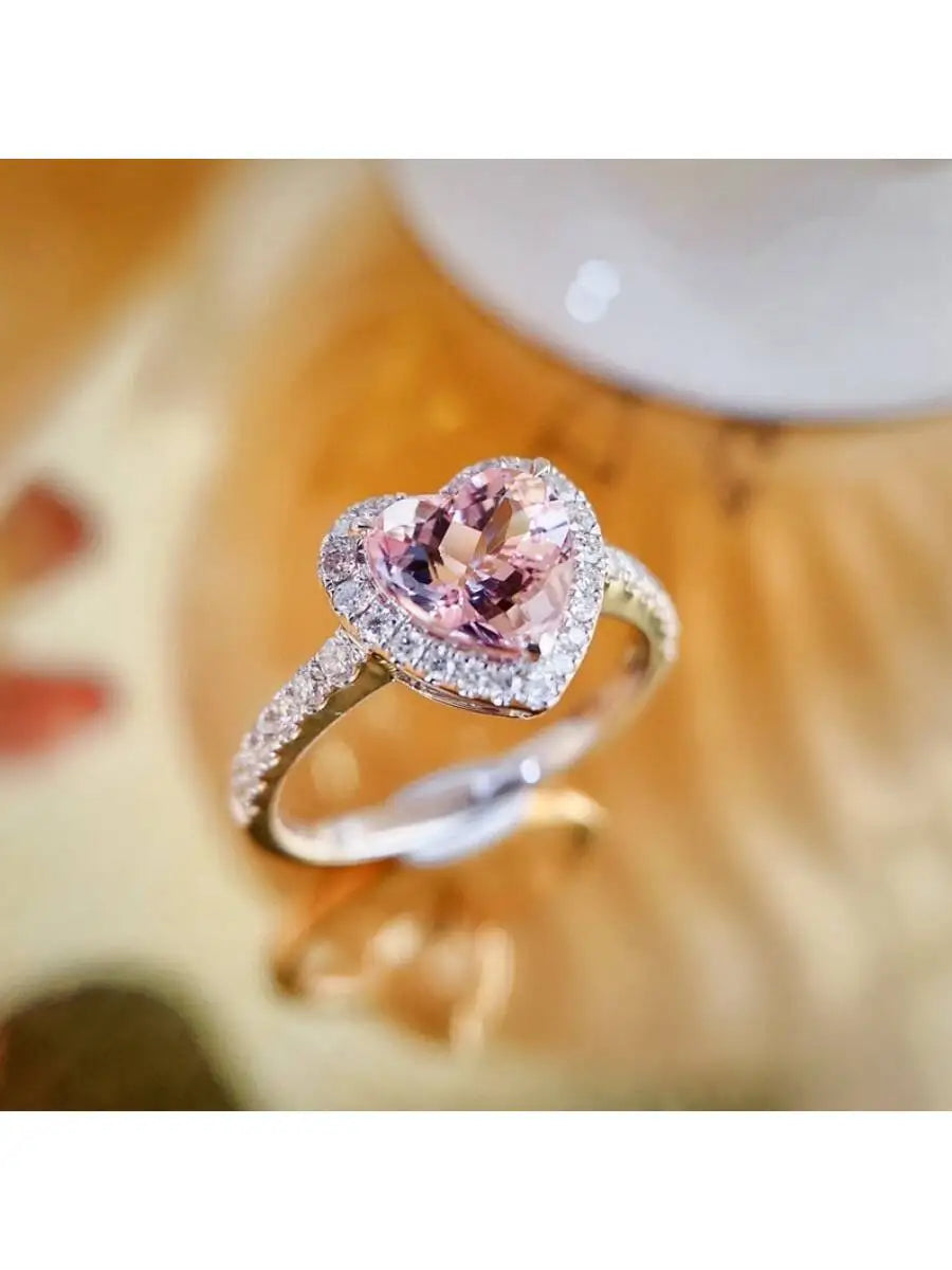 Heart Shape Pink Gemstone Pave Setting Fashion Ring For Women