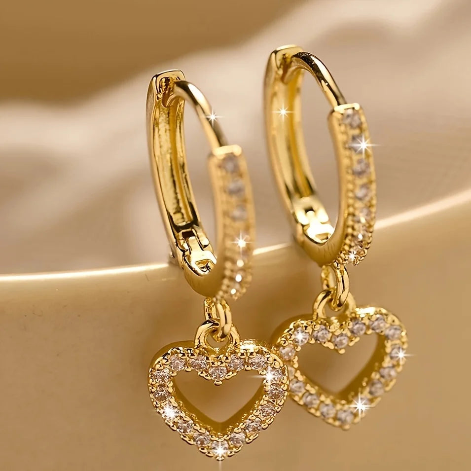 Gorgeous Heart Pendant Tassel Earrings with Full Sparkling Zirconia, Simple Style