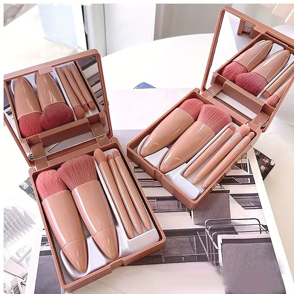 5Pcs Portable Makeup Brush Set With Mirror -  Foldable Travel Kit ，Mini Makeup Brush Set