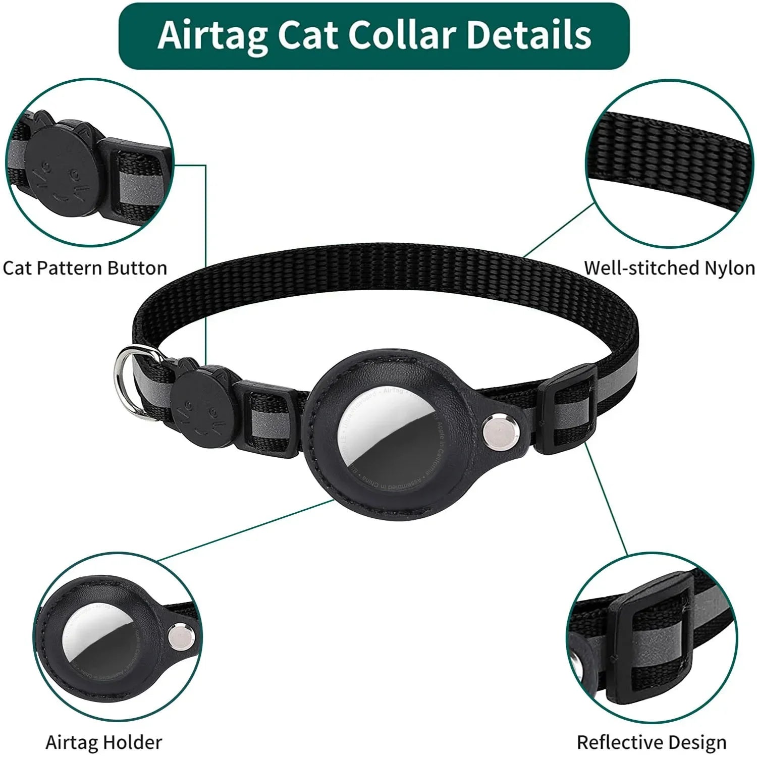 Cat / dog AirTag Holder Collar Breakaway Reflective Strips Adjustable Kitten Collar Waterproof