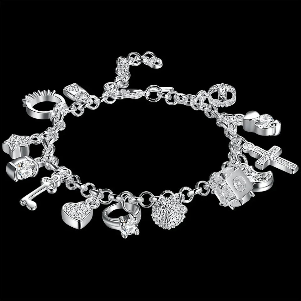 Fashion 925 Sterling Silver Bracelet for Woman Pretty Heart Zircon Pendant Chain 20CM 8inch