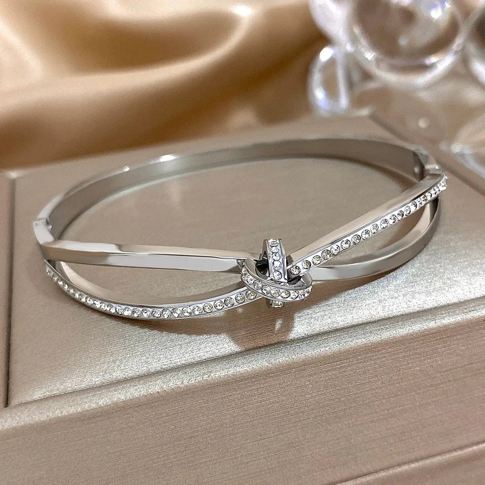Stainless Steel Bracelet, Trendy with Rhinestone Inlaid Knot Bangles Bracelets for Women