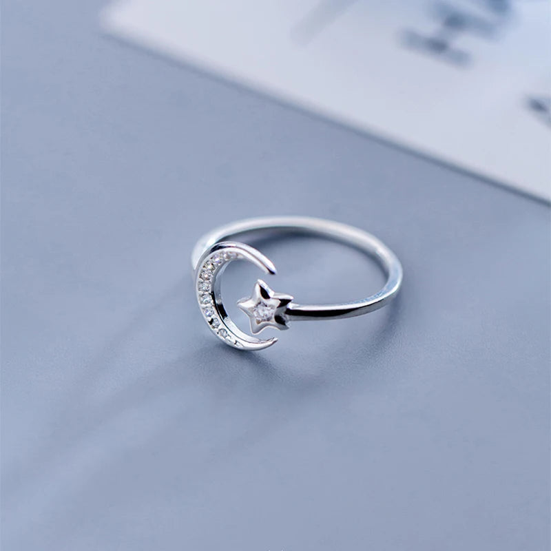 Real 925 Sterling Silver Minimalist Zircon Moon Star Opening Ring For Women