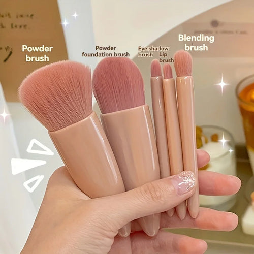 5Pcs Portable Makeup Brush Set With Mirror -  Foldable Travel Kit ，Mini Makeup Brush Set