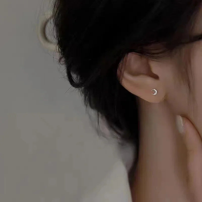 Real 925 Sterling Silver Zircon Moon Mini Stud Earrings For Women Classic Fine Jewelry