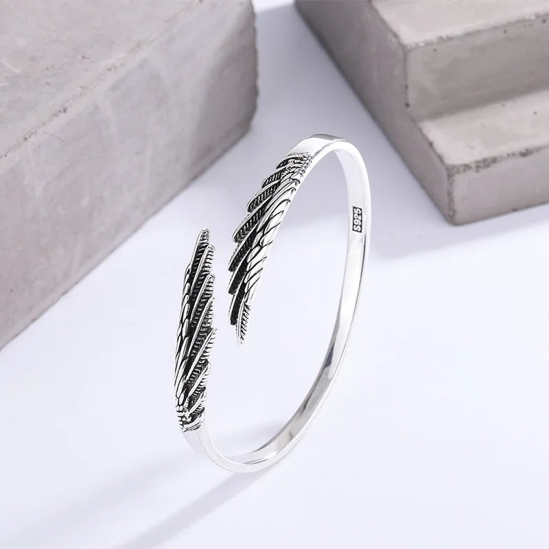 Retro Thai Silver Feather Simple Fashionable 925 Sterling Silver Personalized Design Wings Bracelets