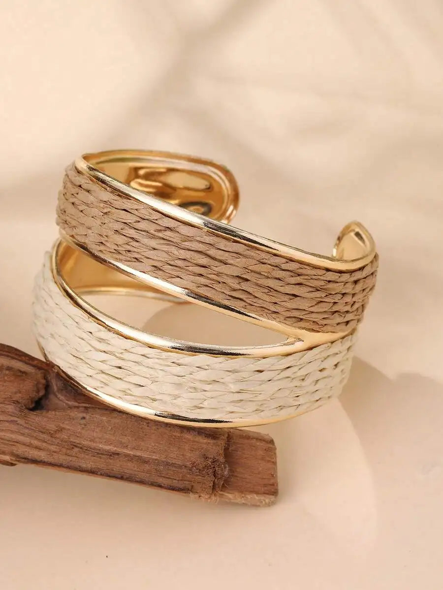Handmade Bohemian Style Dual-Tone Open Bangle Bracelet, Exquisite And Textured