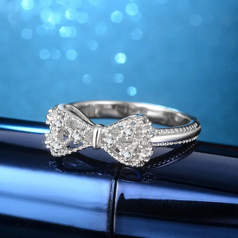 Beautiful 925 Sterling Silver Lovely Bowknot Shaped Jewelry Ring Micro Paved Bow Tie Zircon