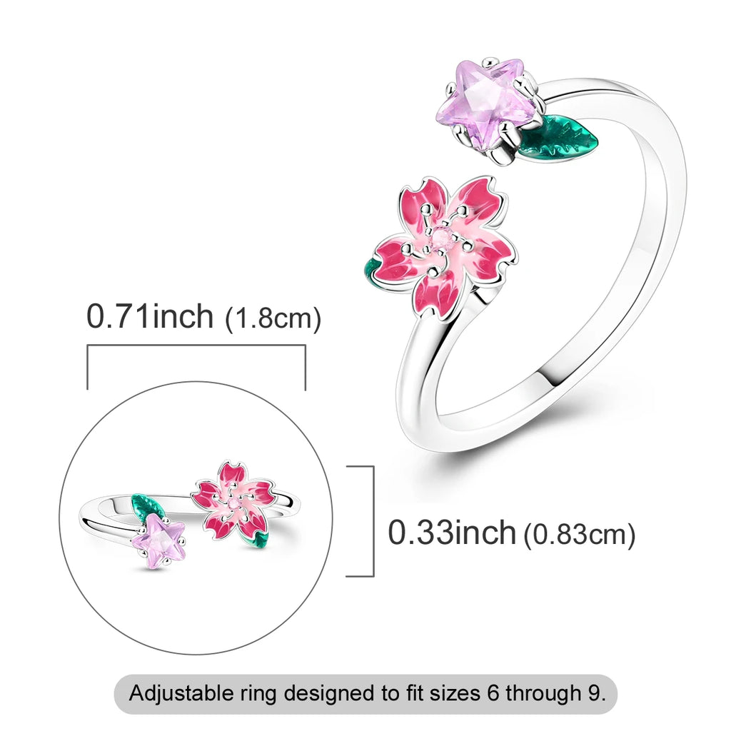 Cute Silver Rotating Cherry Blossom Open Adjustable Ring for Women
