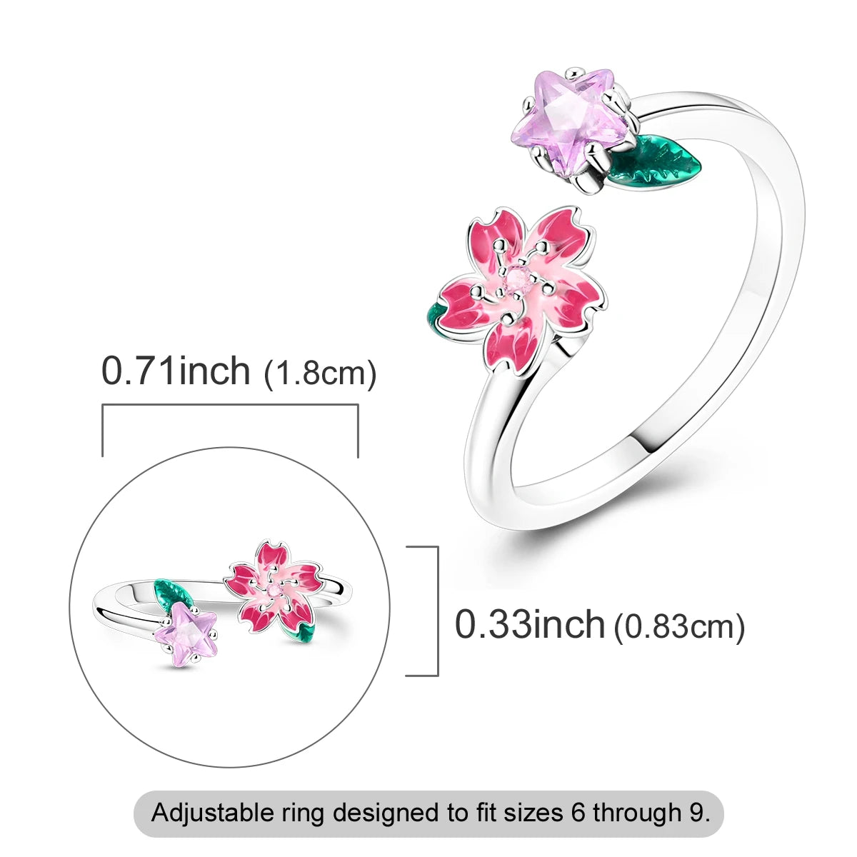 Cute Silver Rotating Cherry Blossom Open Adjustable Ring for Women